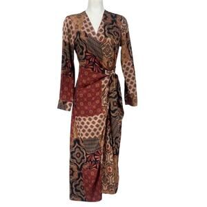 MISA Los Angeles Boho Patchwork Wrap Midi Dress Small Earth Tone Global Print